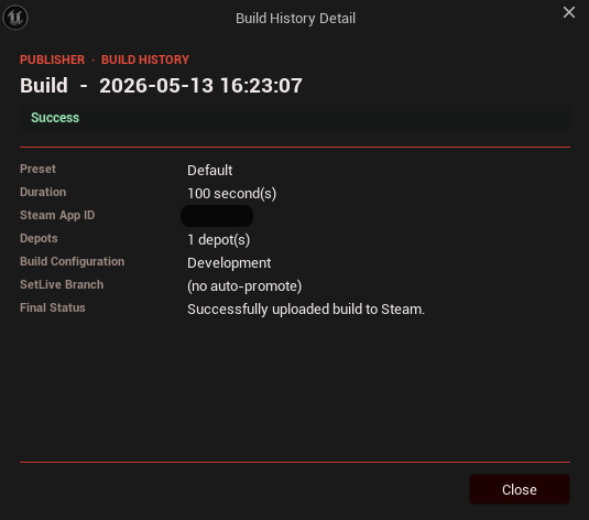 The Ashenex Steam Publisher Build History Detail modal opened by clicking a square in the RECENT strip. Shows the eyebrow header PUBLISHER BUILD HISTORY, the title Build with the timestamp, a green Success outcome pill, and a field grid covering preset, duration, Steam App ID, depots, build configuration, SetLive branch, and the final status message.