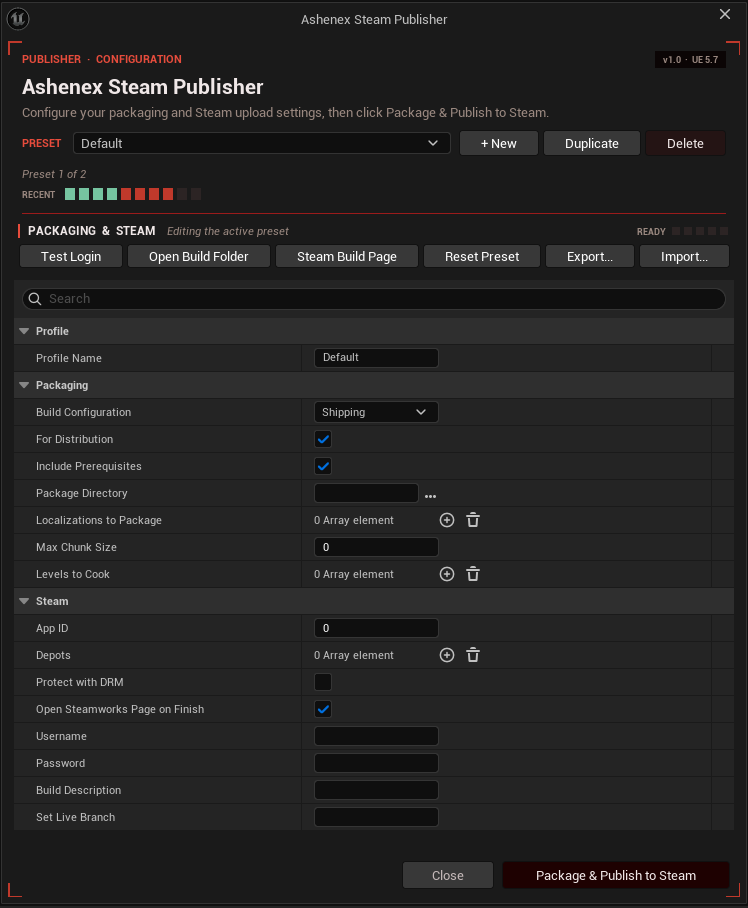 The Ashenex Steam Publisher window inside Unreal Engine, showing the eyebrow header with version pill, the preset combobox with New/Duplicate/Delete buttons, the RECENT build history strip, the Tools row with Test Login / Open Build Folder / Steam Build Page / Reset Preset / Export / Import, the Packaging and Steam sections, and the Package and Publish to Steam button at the bottom.
