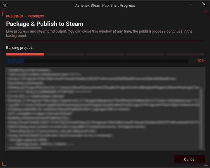 The Ashenex Steam Publisher live progress window, showing the eyebrow header, the status line with a throbber, five phase pips below it, the animated crimson progress bar with percentage, a scrolling read-only log mirroring steamcmd output, and a Cancel button at the bottom.
